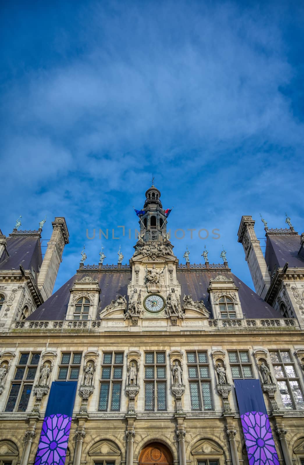 Paris, France - April 22, 2019 - The Hotel de Ville, city hall, is the building housing the city's local administration in Paris, France.