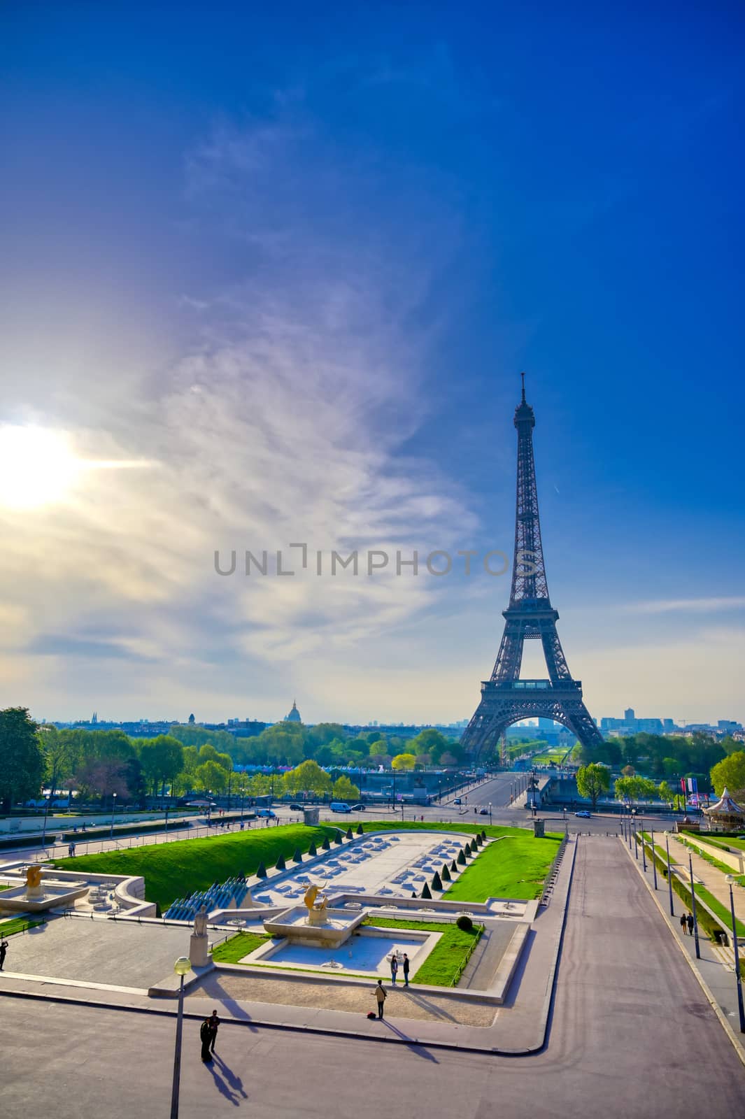 A view of the Eiffel Tower from the Jardins du Trocadero in Paris, France.