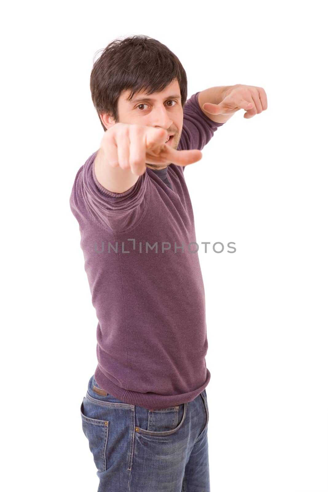 happy casual man pointing, isolated on white