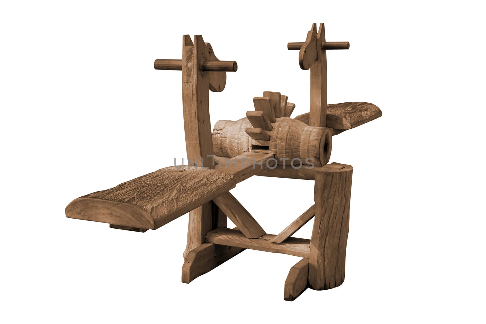 Old wooden seesaw board isolated on white background, Wooden plank balancing, Work with clipping path.