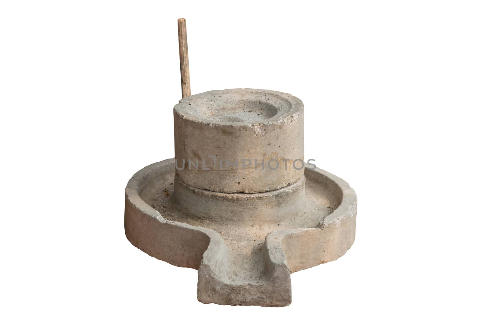 Ancient manual stone mill isolated on white background, work with clipping path.