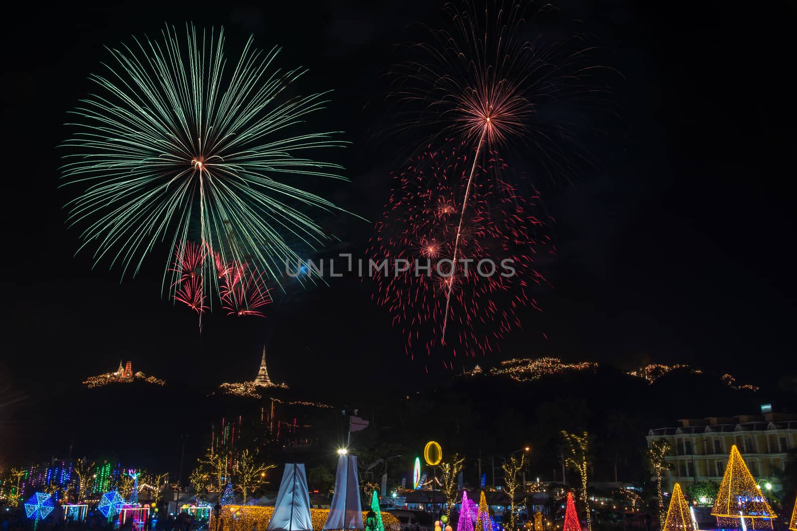 Beautiful Fireworks display in night light at Phra NakhonKhiri (Khao-Wang) festival, Phetchaburi province in Thailand-10 February 2018 