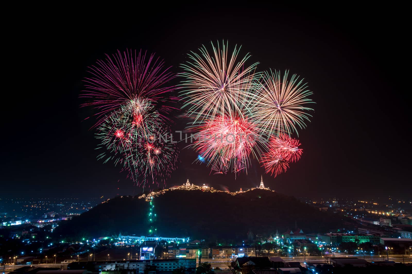 Beautiful Fireworks display in night light at Phra NakhonKhiri (Khao-Wang) festival, Phetchaburi province in Thailand-10 February 2018 