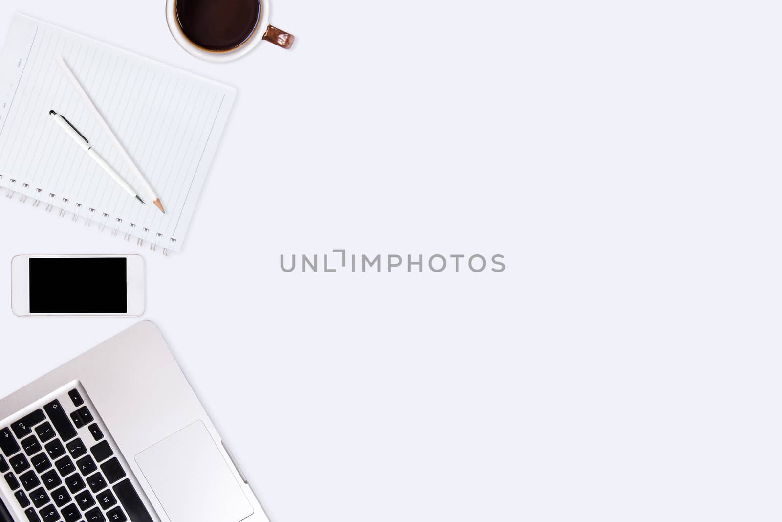 Top view of  white office desk table. by NuwatPhoto