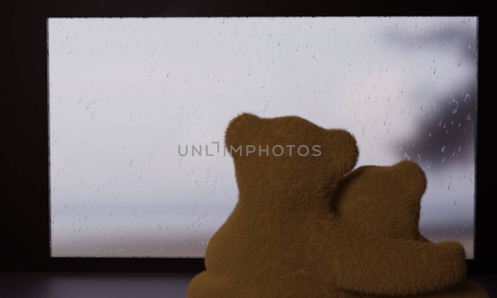 Brown teddy bear Embrace like a romantic lover sitting through the glass on a rainy day and rain on the glass. View of the sea on a rainy day through the glass. 3D Rendering