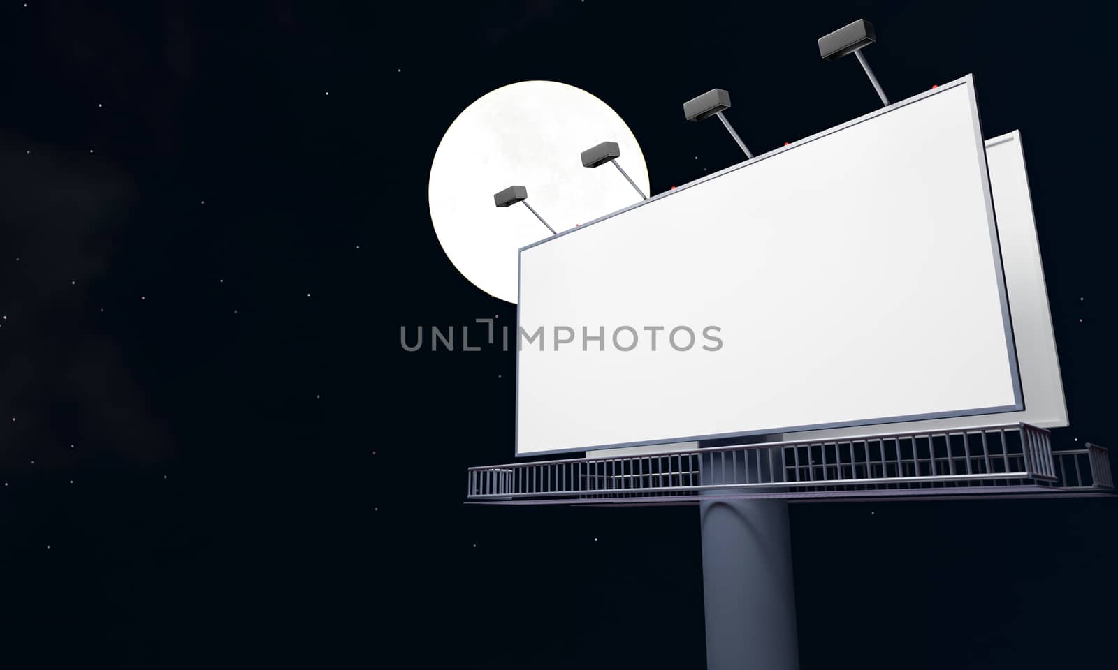 Large advertising pole blank advertising billboard signpost with a full moon and starry sky at night. 3D Rendering