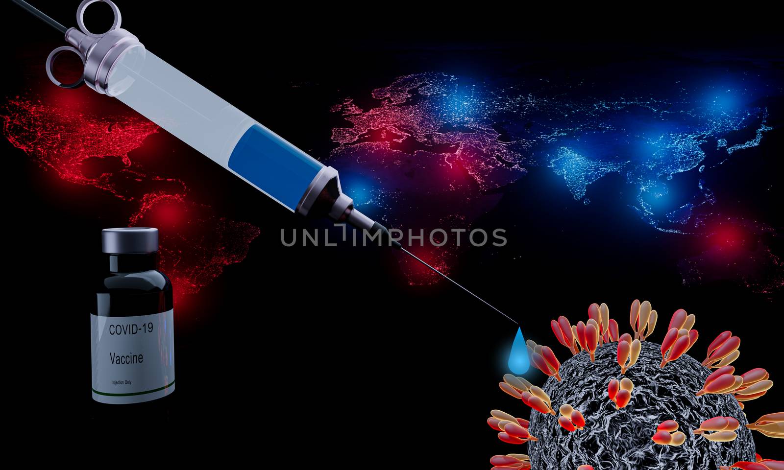 Coronavirus Covid-19 Disease Vaccine in Vintage Syringes and Bottles, Virus model in concept has a background, a world map, and a red dot showing the infected area. Blue shows treatment. 3D Rendering