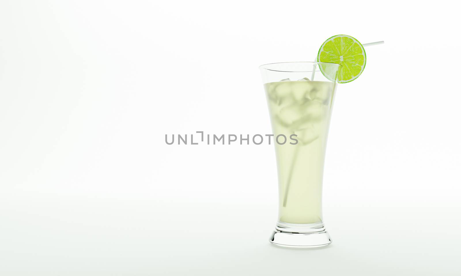 Lemon juice in a tall clear glass With ice cubes to cool off And the white straw Decorate the glass edges with lime slice. Isolated on a white background and 3D Rendering.