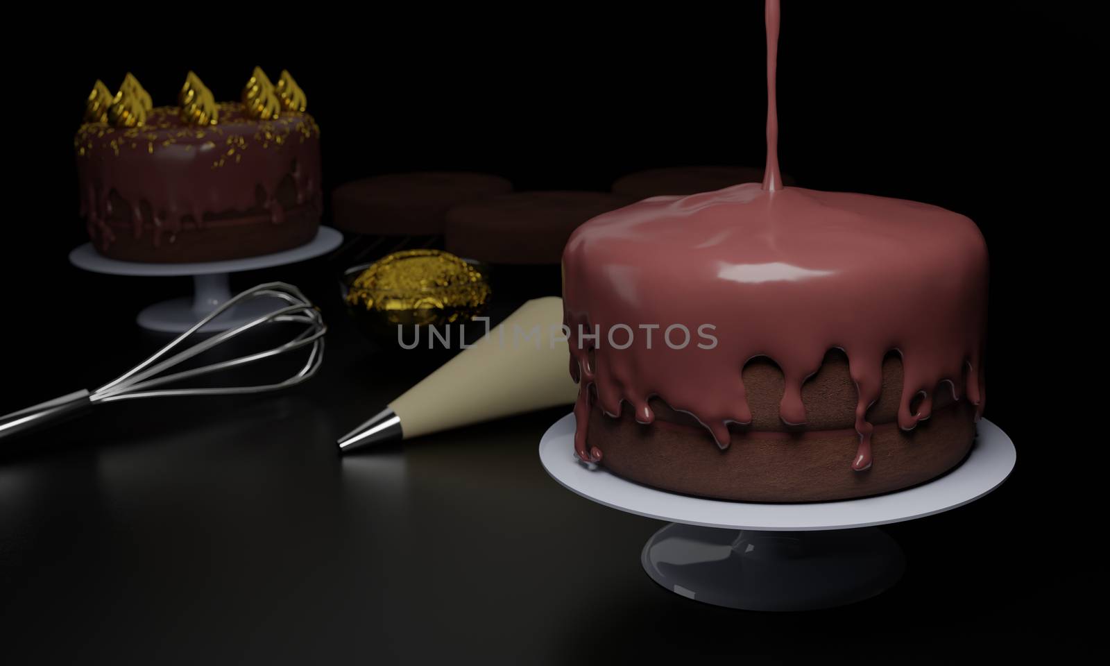 The process of making 3 layers of soft chocolate cake. Pour the chocolate sauce onto the sponge cake. Blur the cake making equipment and the cake waiting to be poured over the sauce. 3D Rendering