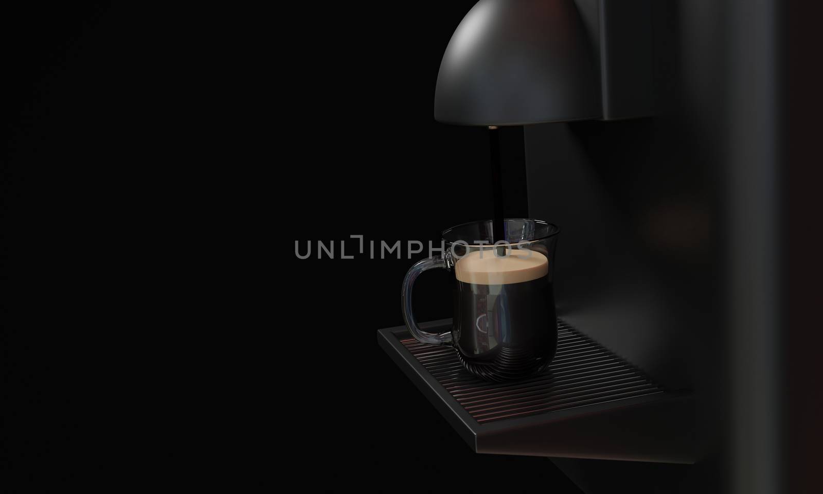 Espresso coffee machine Glossy black and shiny metal. Coffee is pouring into a clear coffee cup. Placed on a silver metal grate In the black background. 3D Rendering