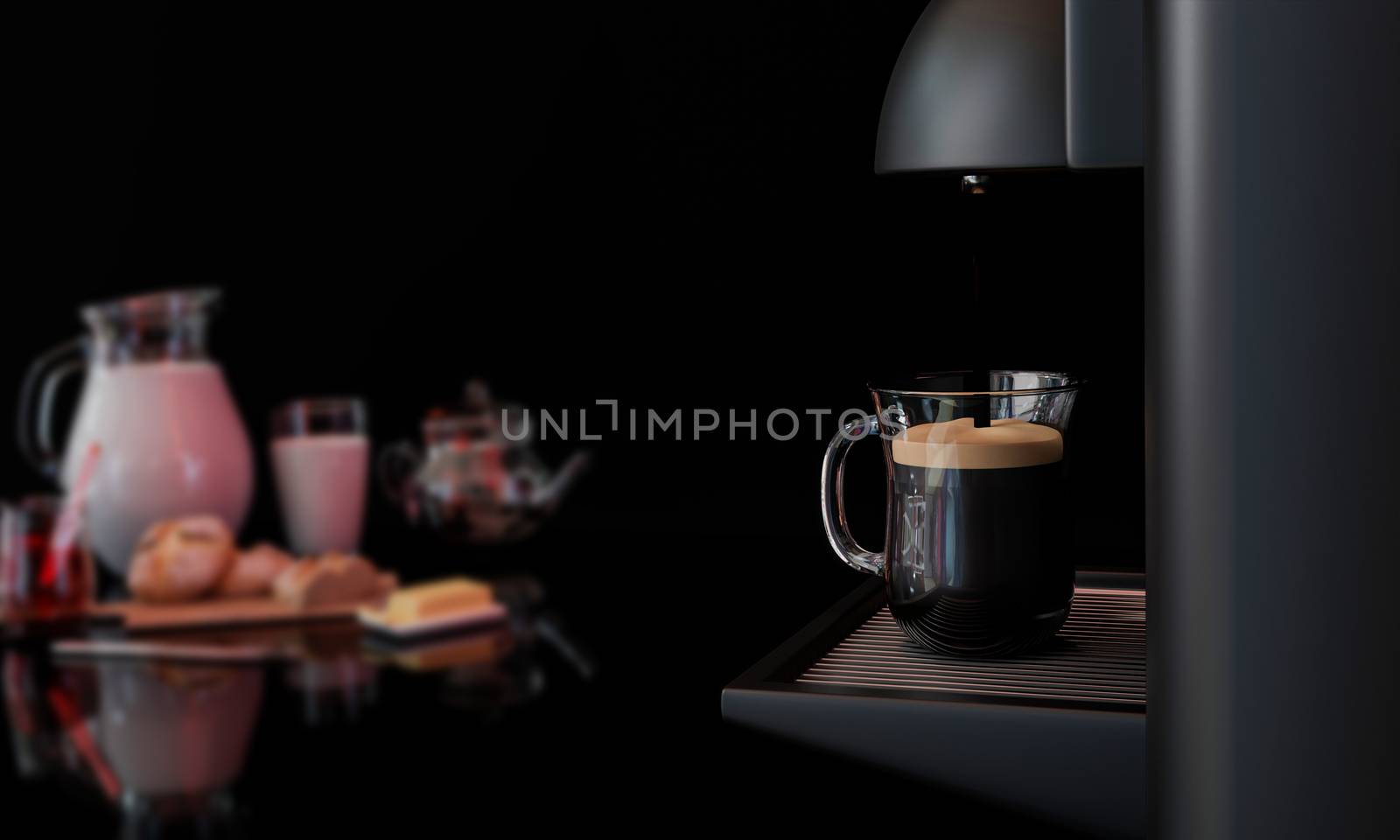 The espresso machine is pouring coffee into a clear glass. Breakfast blur in the background has bread, strawberry jam, butter, and fresh milk in clear jars. 3D Rendering