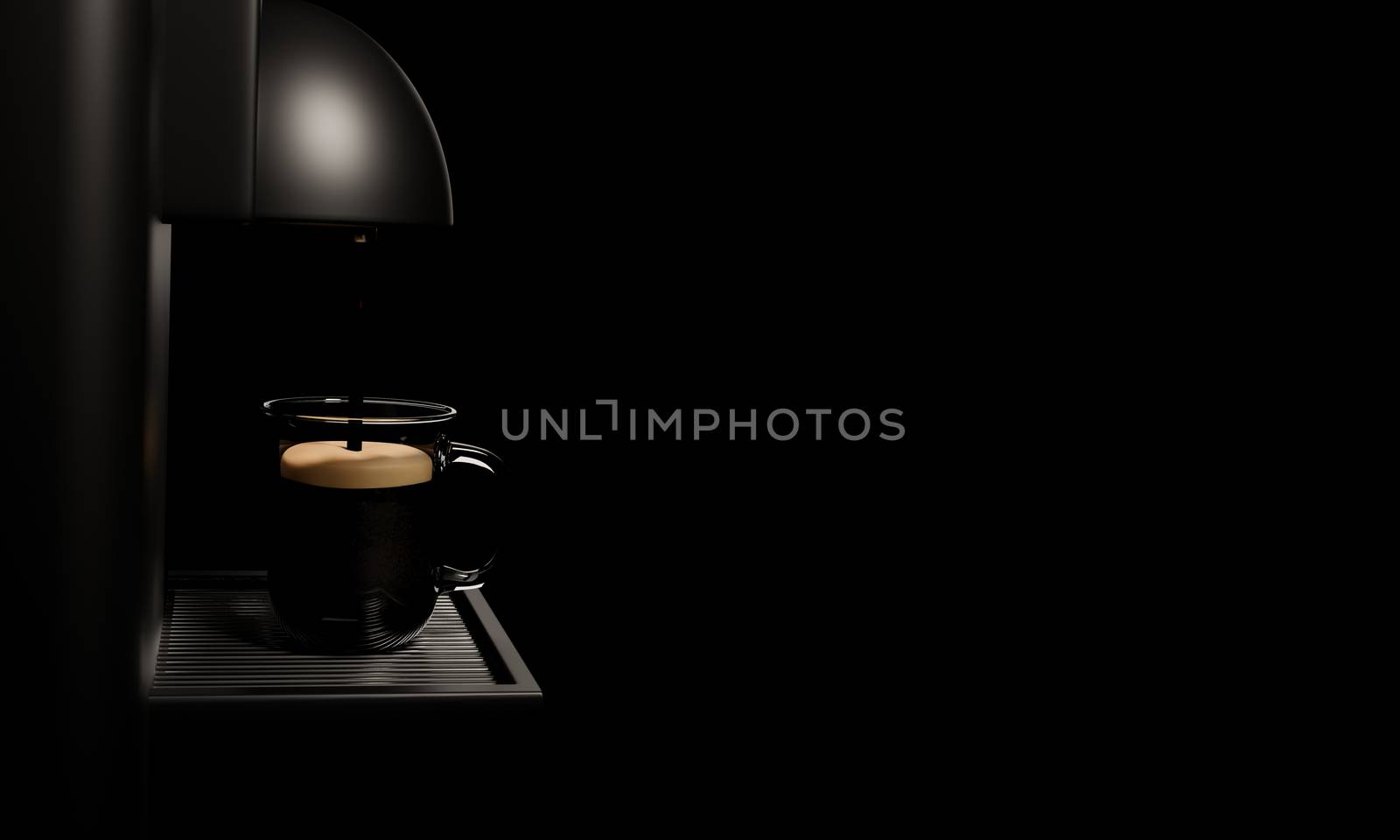 Espresso coffee machine Glossy black and shiny metal. Coffee is pouring into a clear coffee cup. Placed on a silver metal grate In the black background. 3D Rendering