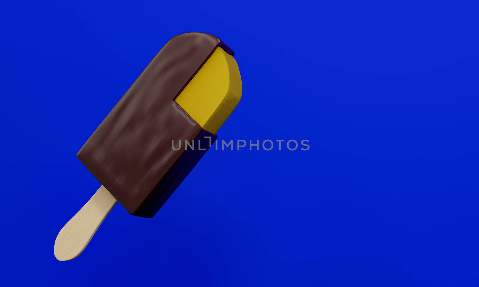 Chocolate-coated ice cream, golden cream filling with wooden handles. Isolated on a blue background. 3D Rendering