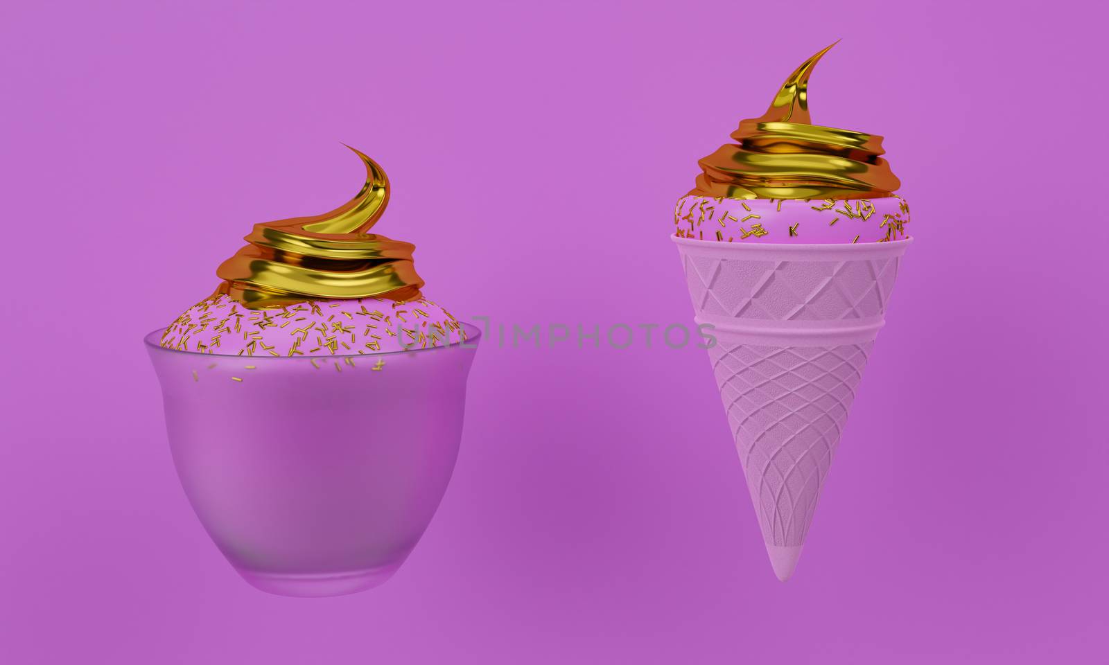Pink ice cream cone. Crispy waffles and pink ice cream texture. Golden ice cream filling covered with golden sugar sprinkle dots. Ice cream on a pink background. 3D Rendering