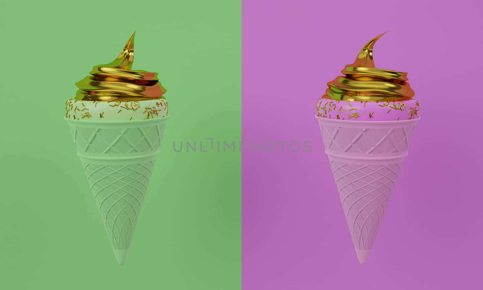 Lime Green and Pink ice cream cone. Crispy waffles and pink ice cream texture. Golden ice cream filling covered with golden sugar sprinkle dots. Ice cream on a pink background. 3D Rendering