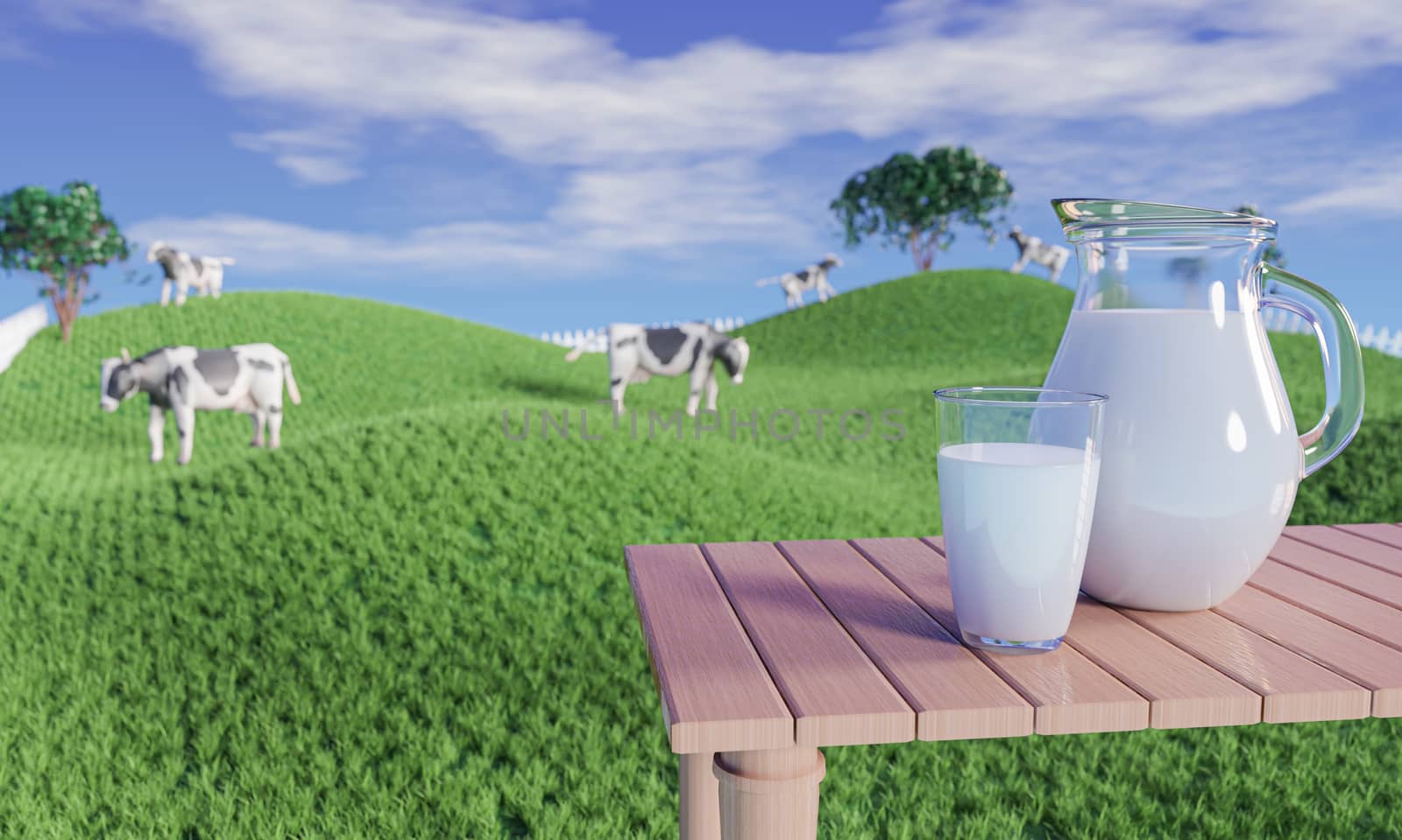 Fresh milk in clear glass and milk jug on the reflective plank floor. Bright green grassland cows are walking freely and enjoying eating grass. Clear blue sky with white clouds. 3D rendering