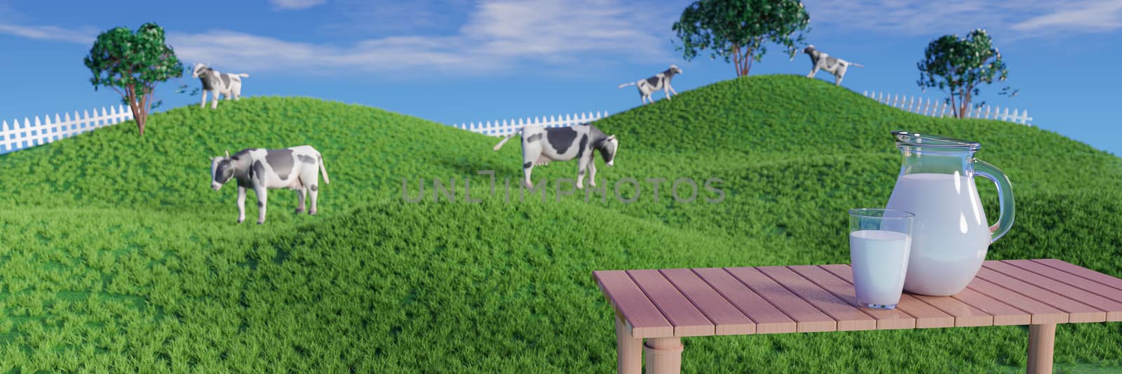 Fresh milk in clear glass and milk jug on the reflective plank floor. Bright green grassland cows are walking freely and enjoying eating grass. Clear blue sky with white clouds. 3D rendering