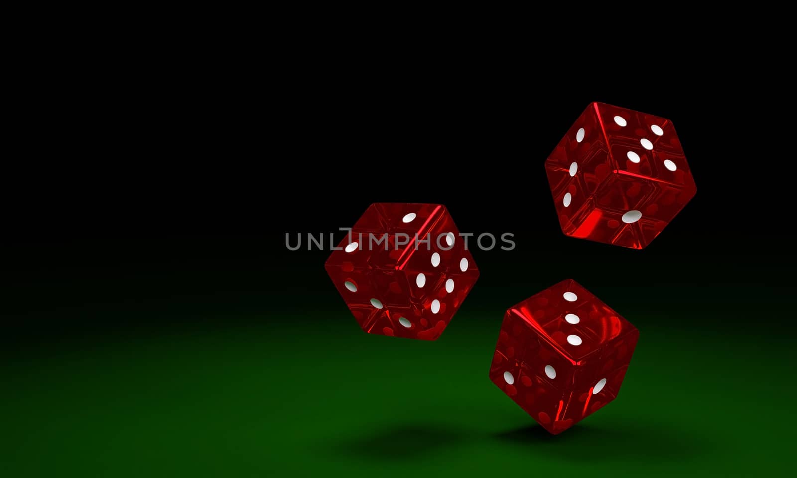 Transparent red dice are falling on the green felt table. The concept of dice gambling in casinos. 3D Rendering
