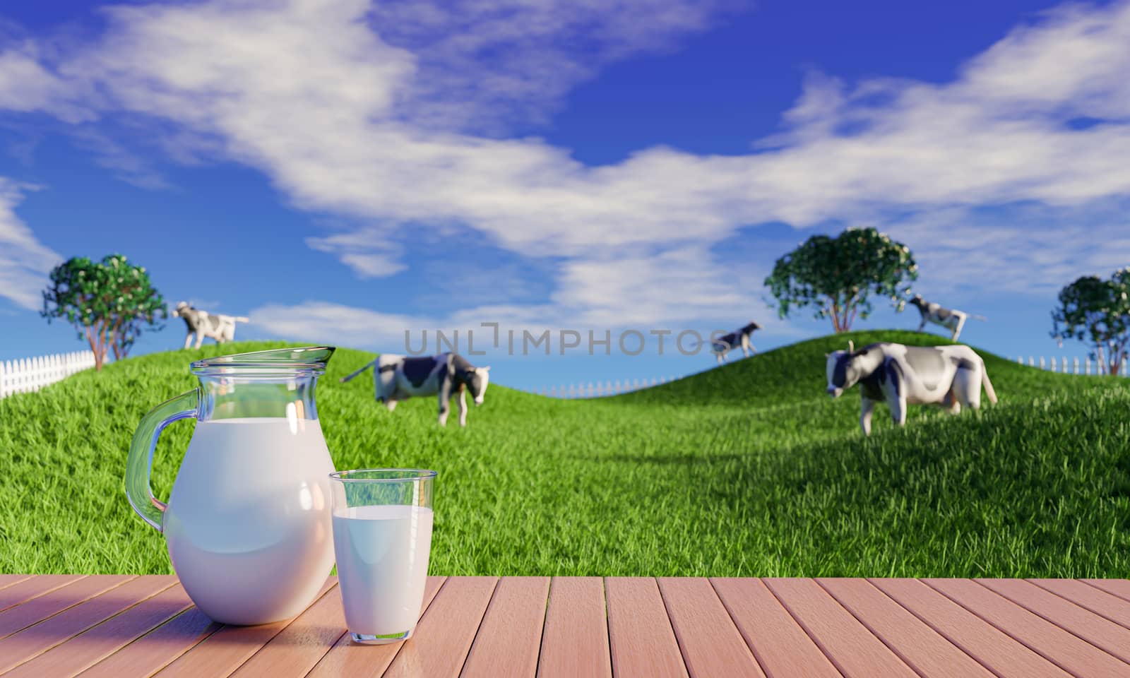 Fresh milk in clear glass and milk jug on the reflective plank floor. Bright green grassland cows are walking freely and enjoying eating grass. Clear blue sky with white clouds. 3D rendering