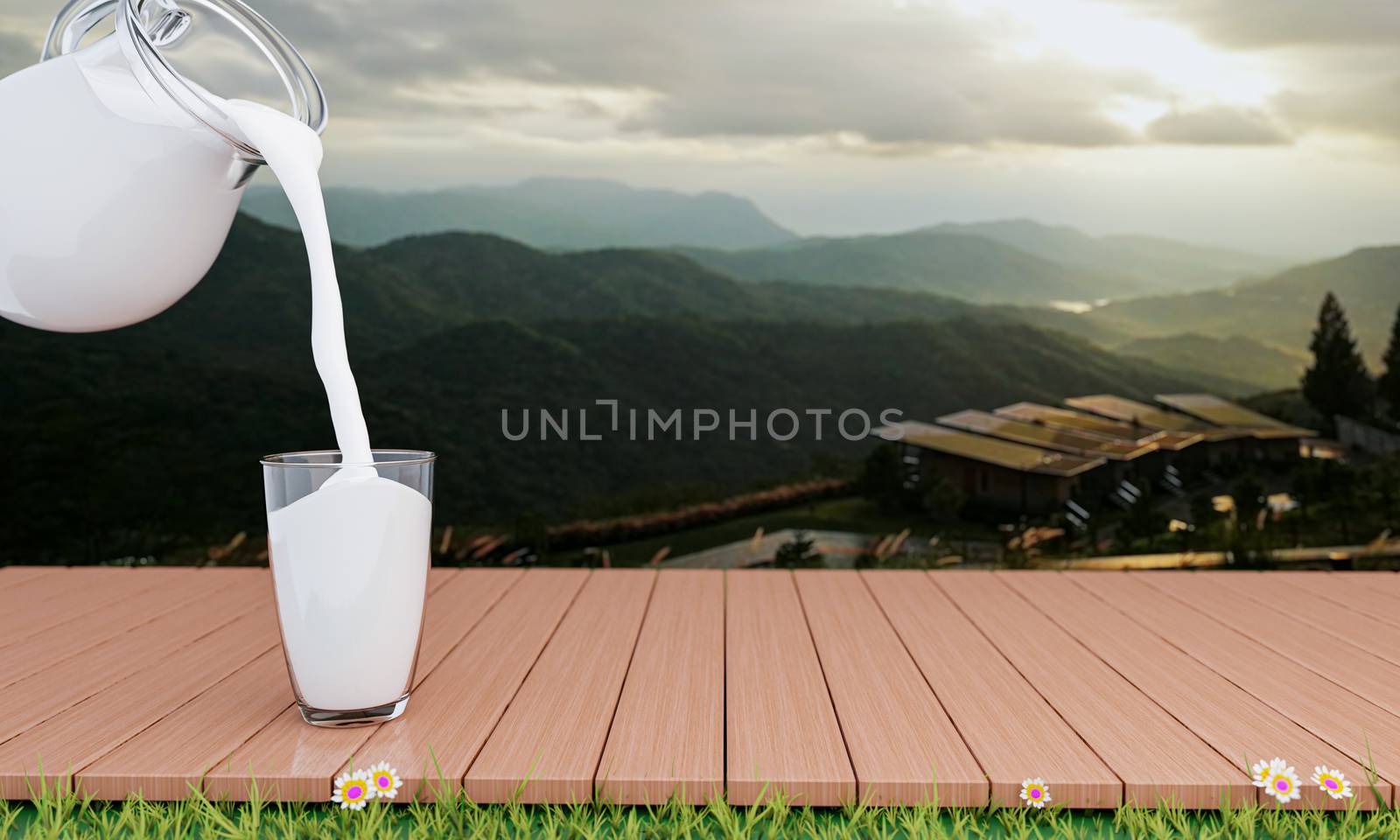 Pour fresh milk from the jug into a clear glass and place it on a wooden plank. Drink for breakfast. The mountain background in the morning has sunlight. Sunlight shines on the mountain. 3D Rendering.