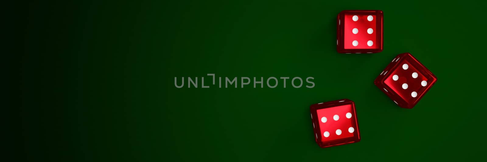 Transparent red dice are falling on the green felt table. The concept of dice gambling in casinos. 3D Rendering