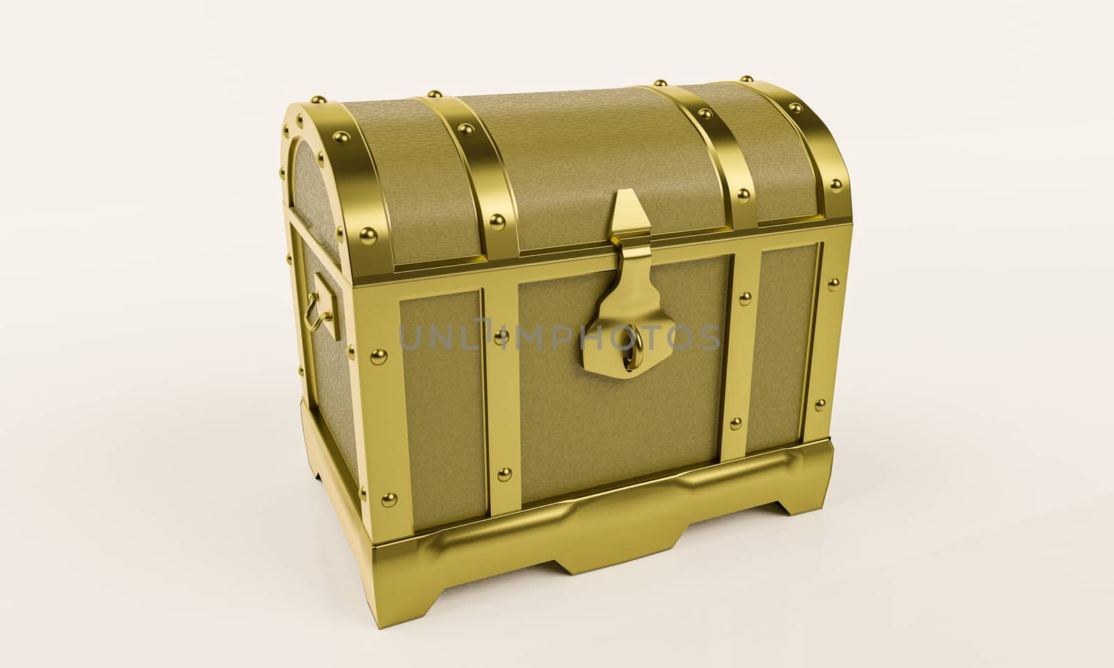 Empty golden vintage treasure chest. Isolated on white background and wallpaper. 3D Render.