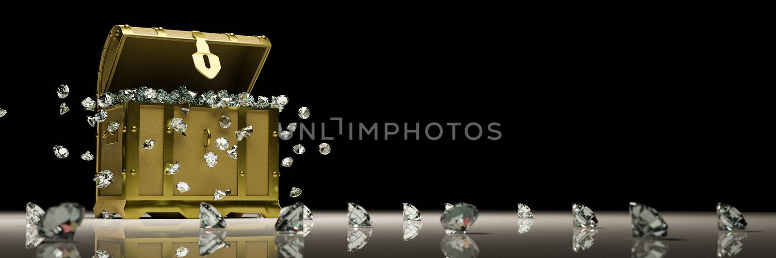 Many diamonds in  golden vintage treasure chest  and falling down to the ground use for Gem storage box concept. Treasure on black background and reflection on floor. 3D Render.