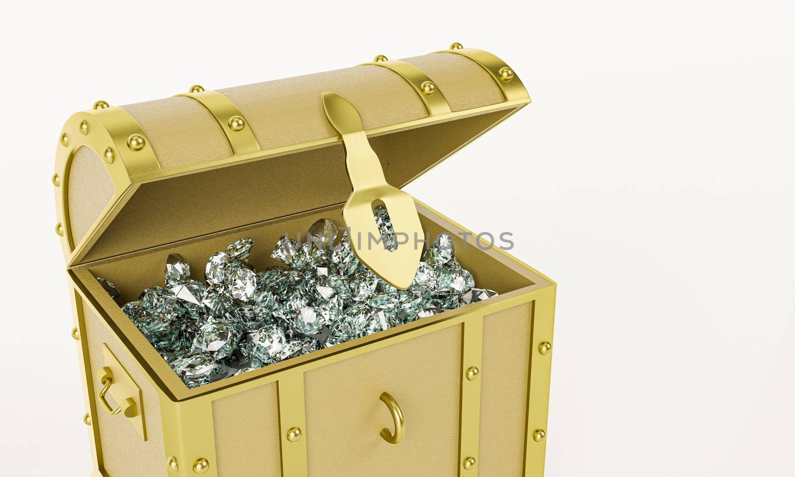 Many diamonds in  golden vintage treasure chest use for Gem storage box. Isolated on white background and wallpaper. 3D Render.