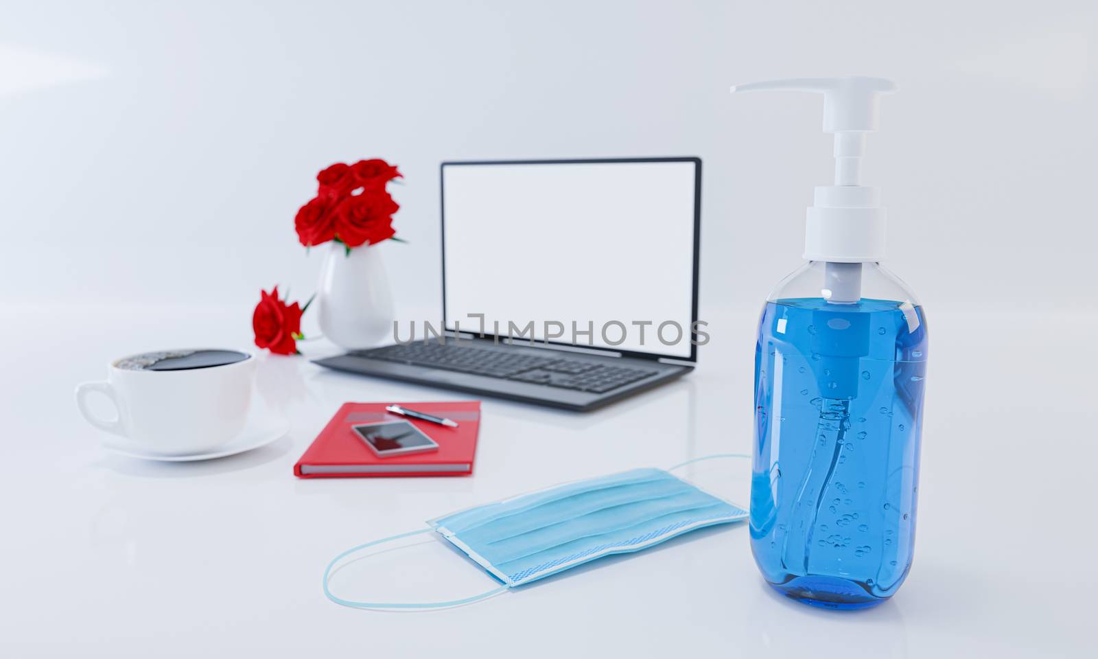 Equipment for the New normal lifestyle during the coronavirus COVID-19 pandemic. Alcohol, hand-washing gels, and medical masks on the work desk with laptops coffee in white glasses. 3D Rendering