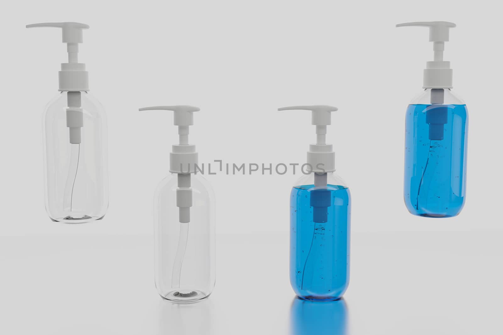 Alcohol gel sanitizer hand gel cleaners for anti Bacteria and virus on White Background with reflection and with out reflection , People using alcohol gel to wash hands to prevent COVID-19 virus. 3D Rendering.