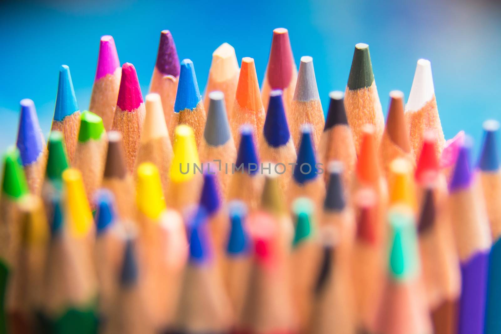 Back to school set multicolored pencils colorful making forms side view on a bule backround