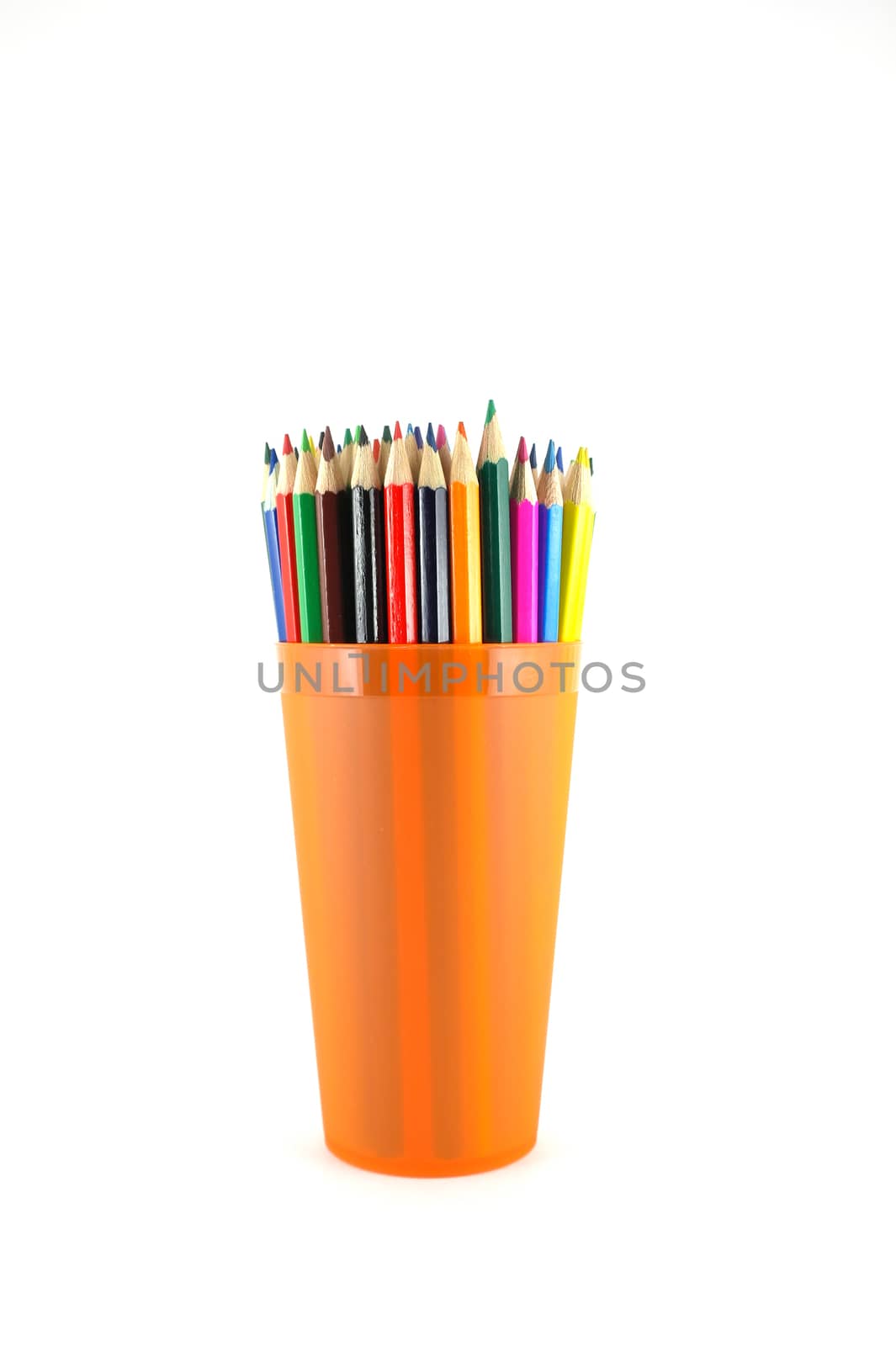 Color pencils in the orange prop over white