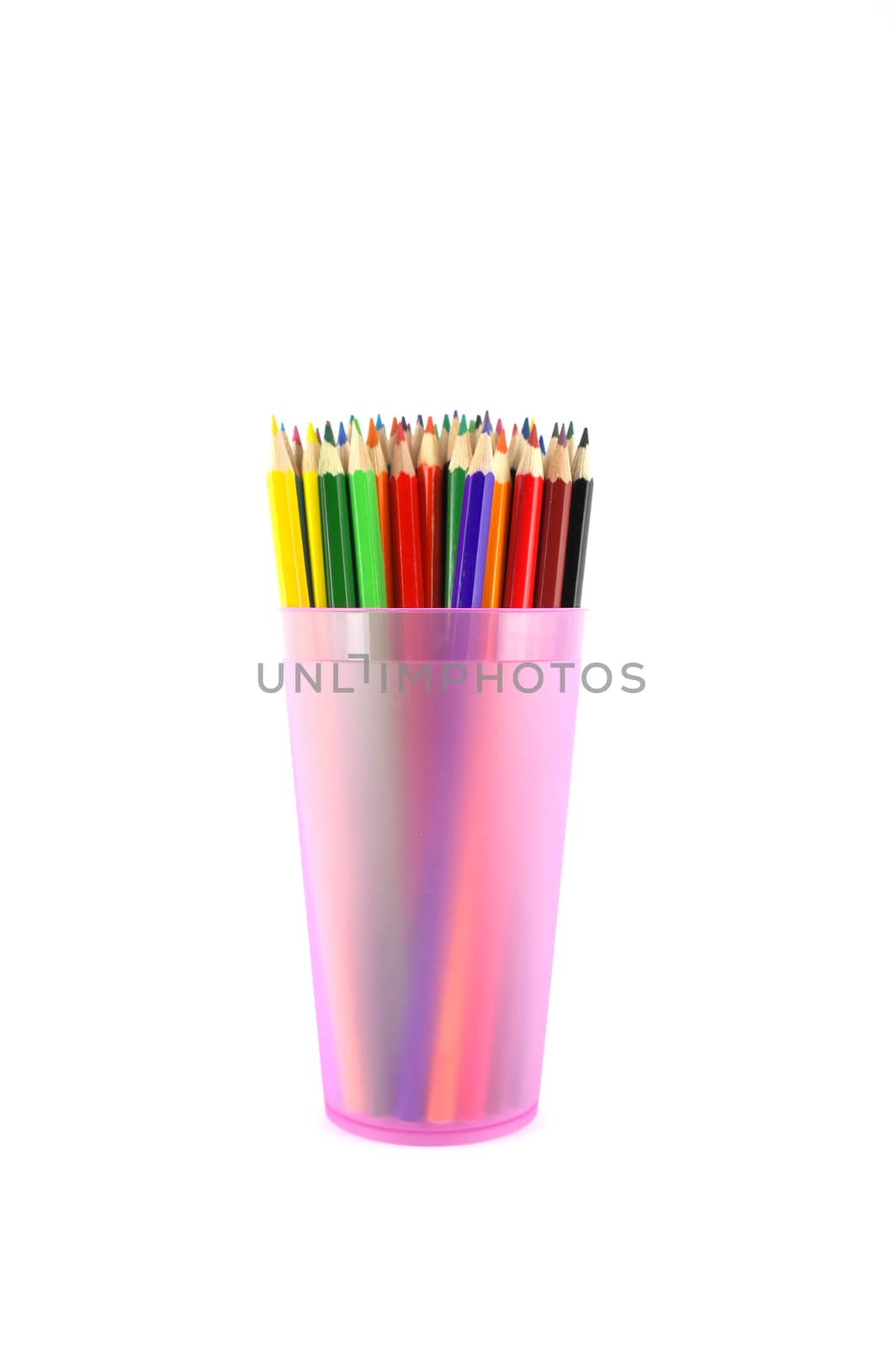 Color pencils in the pink prop over white