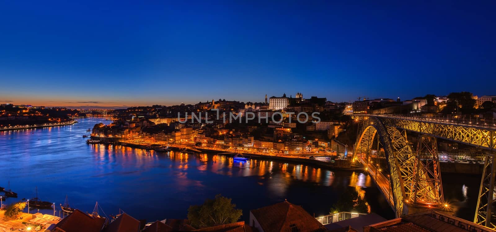 Porto, Portugal - September 8, 2019: Historic center of Porto in Portugal. Night view of the city in blue hour