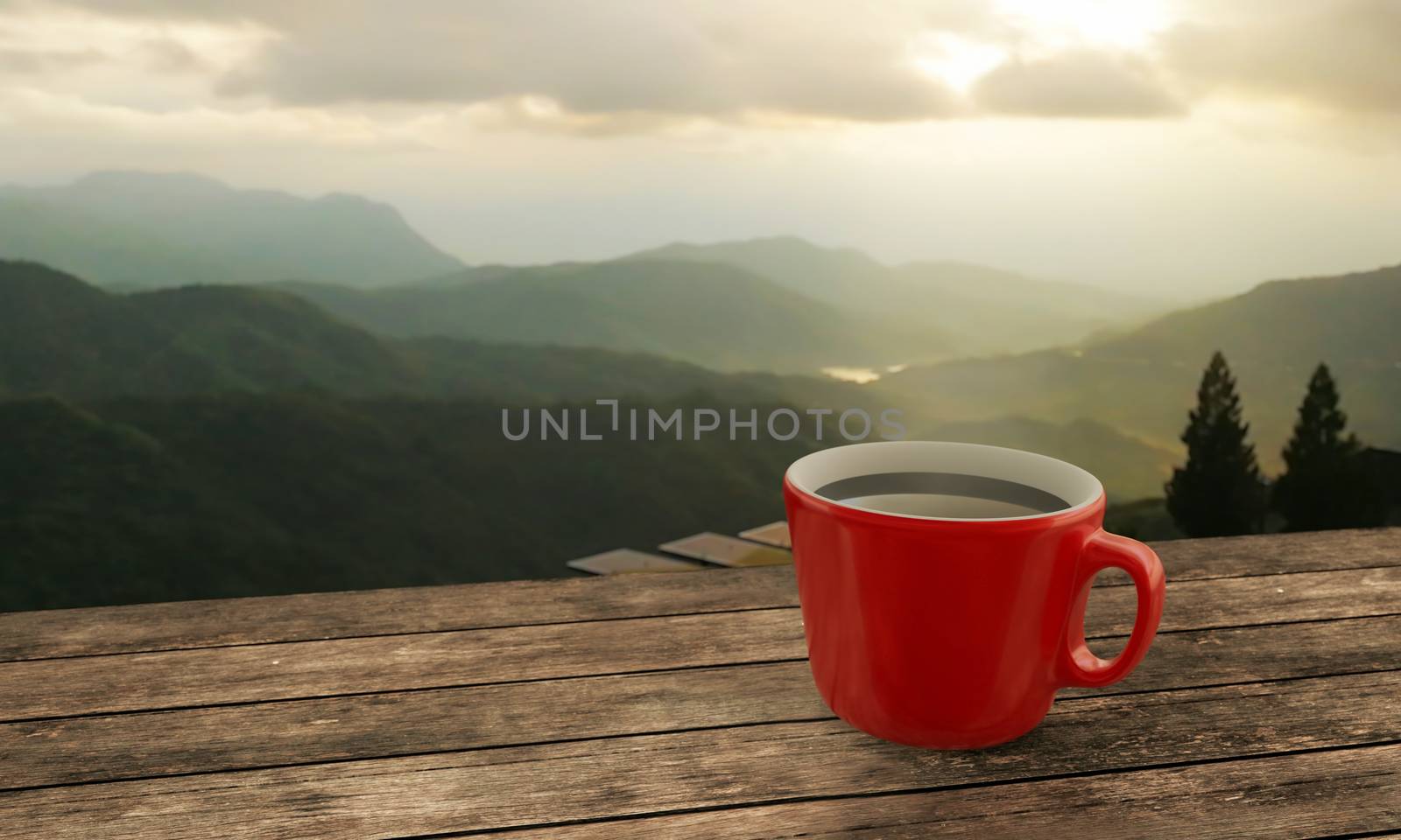 Black coffee in red cup on wooden table  mountain view. by ridersuperone