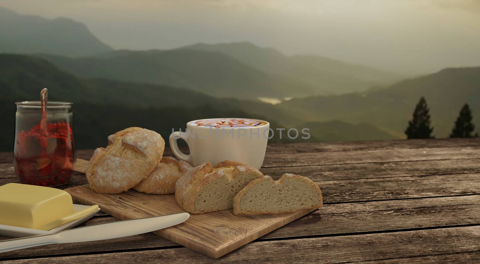 home made bread and  butcher in breakfast  concept on wooden table. Blur latte art coffee with chocolate sauce and caramel sauce  on Milk foam in white cup.   Background mountian view and sunrise. 3D rendering.