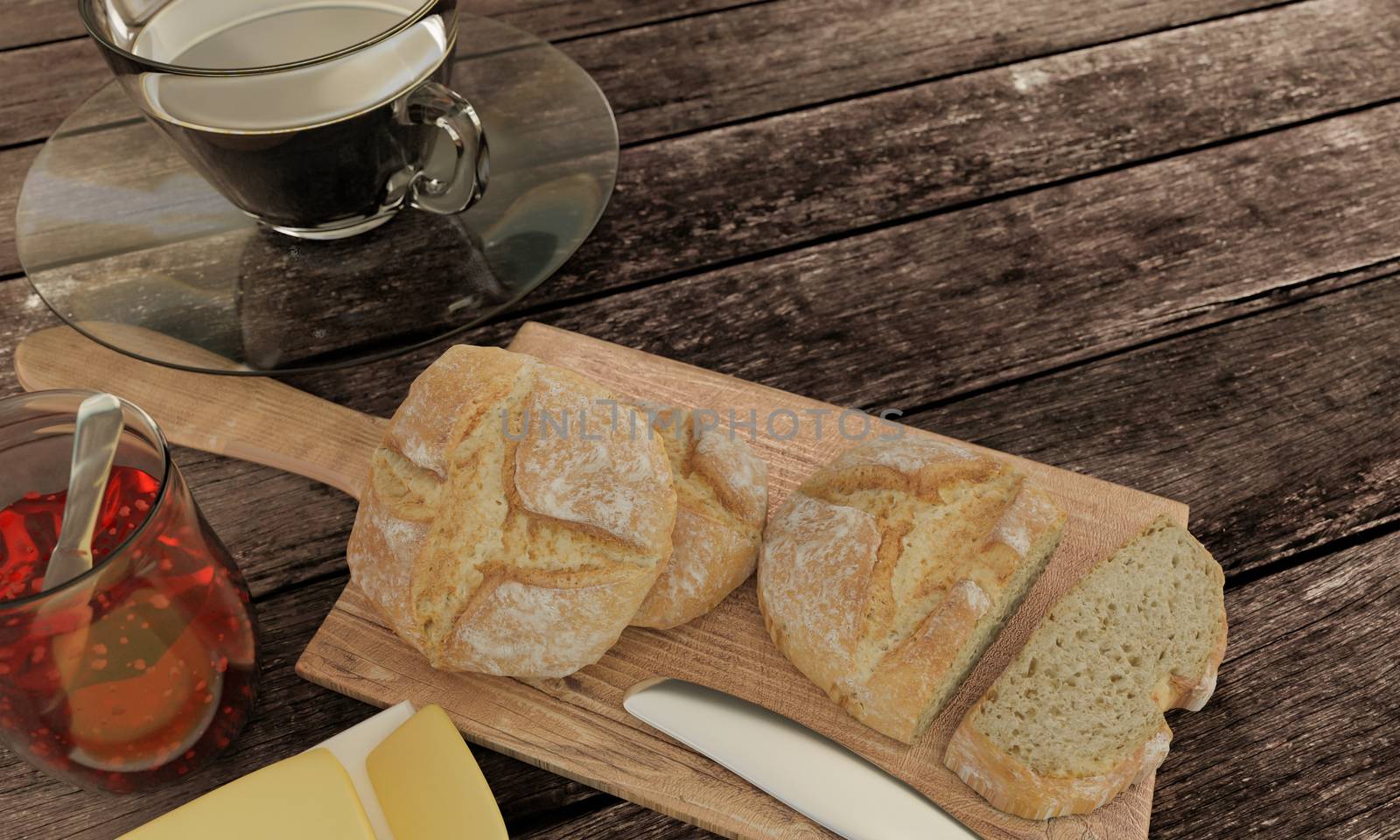 Home made bread and  butcher in breakfast  concept on wooden table. Blur black coffee in clear cup.   Background mountian view and sunrise. 3D rendering.