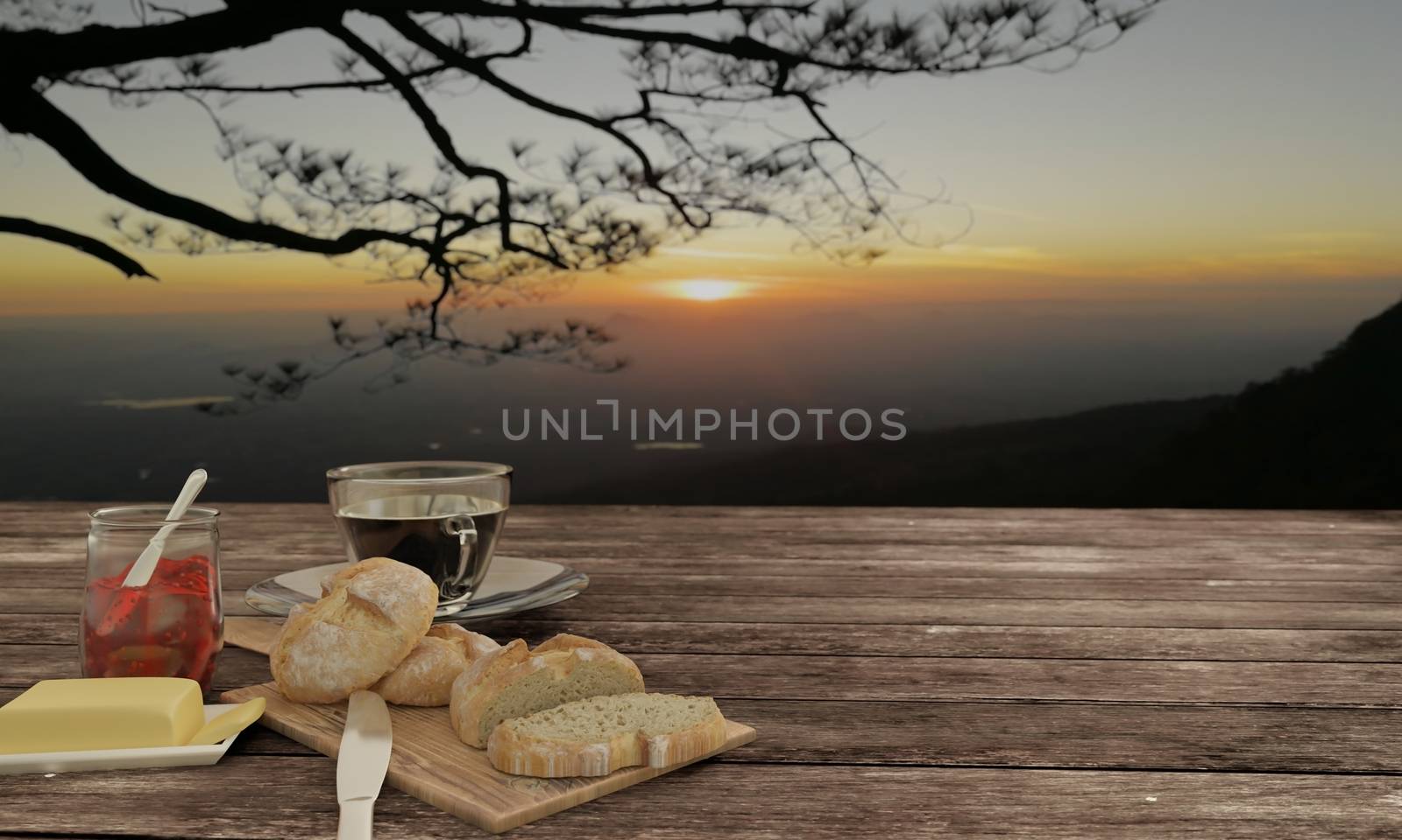 Home made bread on butcher and black coffee  in clear glass for breakfast  concept on wooden table.   Background blur mountian view and sunrise. 3D rendering.