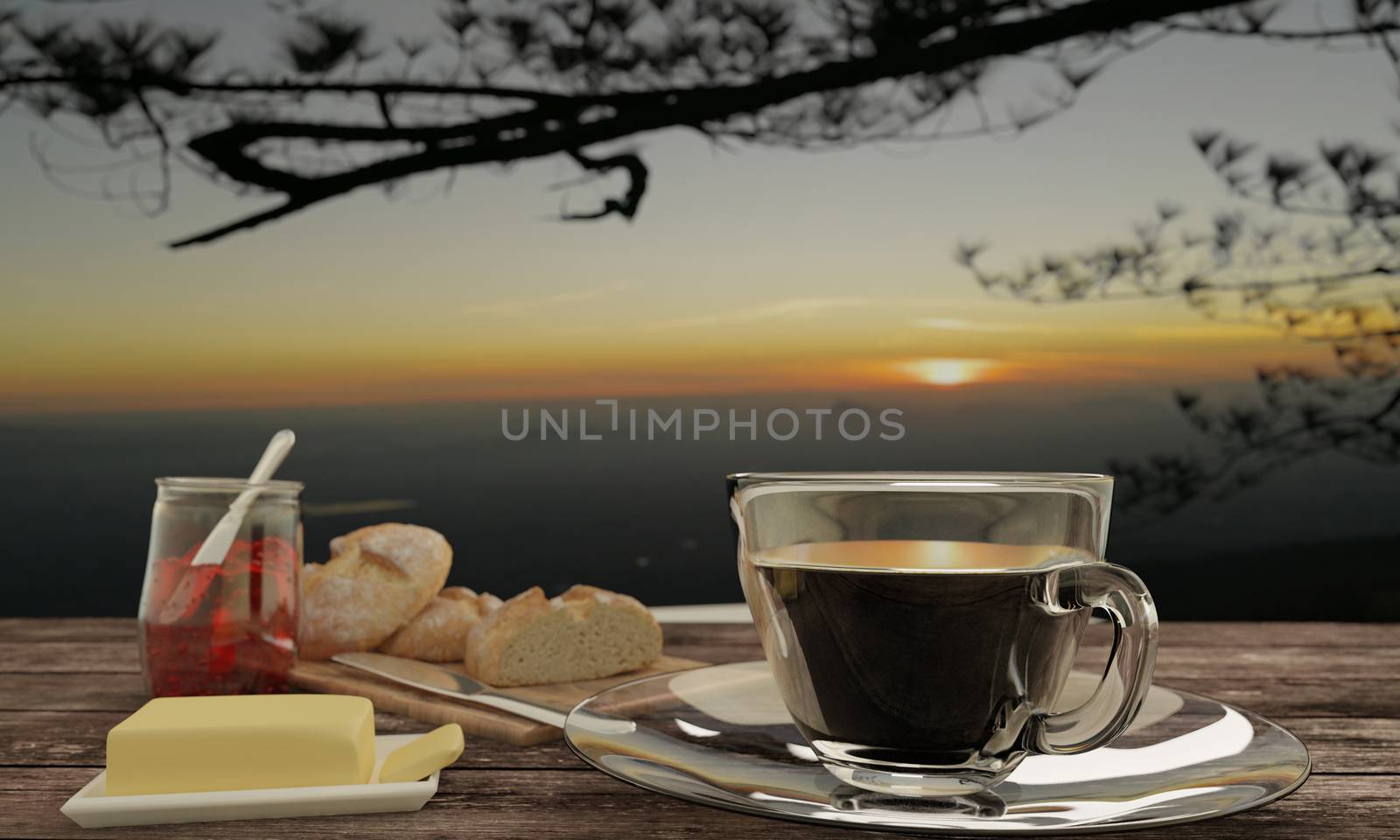 black coffee  in clear glass  and  Home made bread on butcher  for breakfast  concept on wooden table.   Background blur mountian view and sunrise. 3D rendering.
