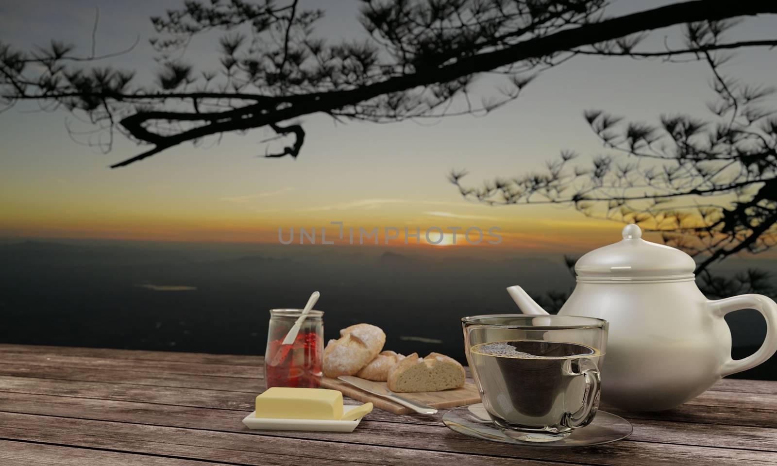 Home made bread and  butcher in breakfast  concept on wooden table. Blur black coffee in clear cup.   Background mountian view and sunrise. 3D rendering.