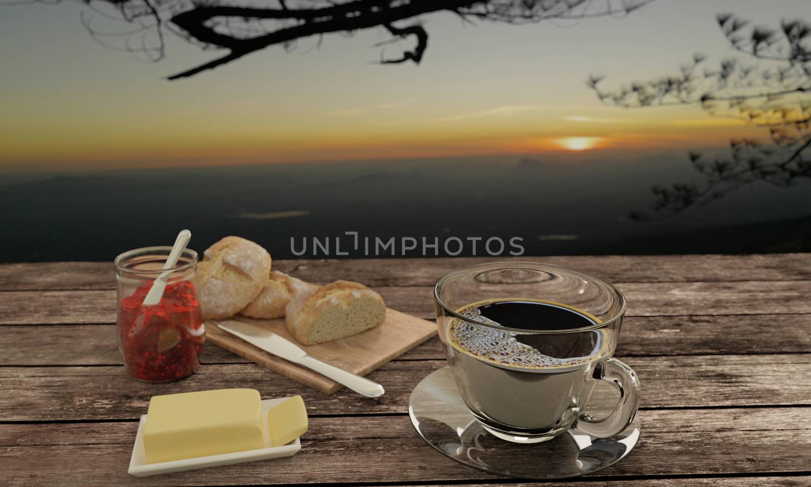 black coffee  in clear glass  and  Home made bread on butcher  for breakfast  concept on wooden table.   Background blur mountian view and sunrise. 3D rendering.