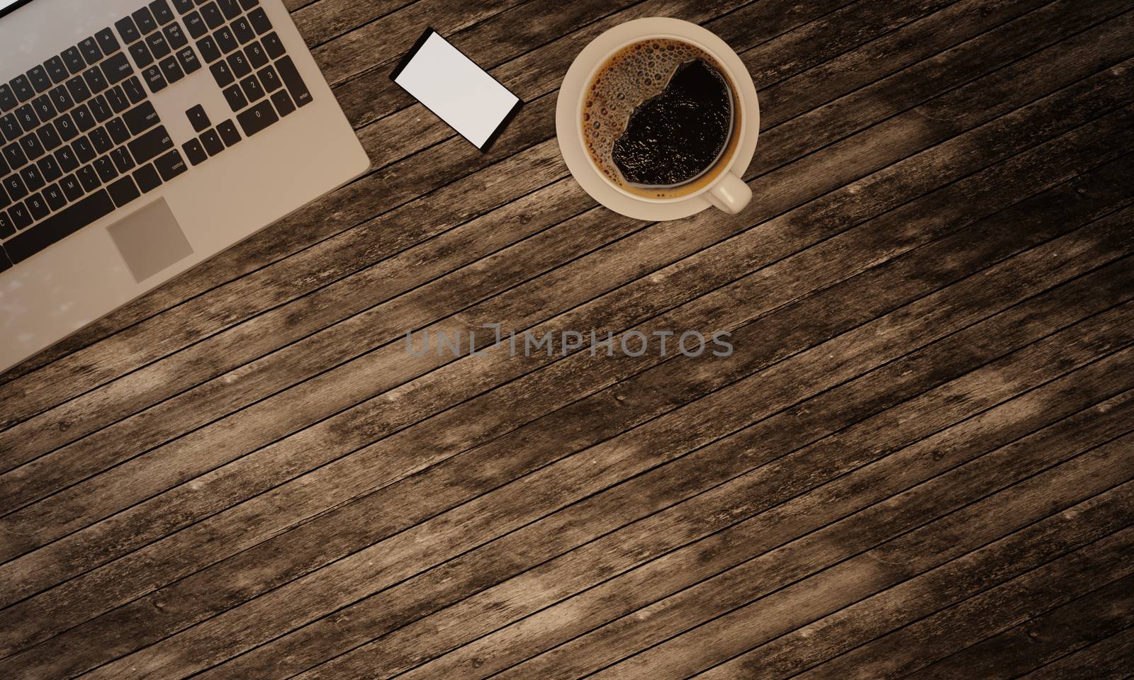 Wooden surface and plank desk table with laptop computer, cup of black coffee and smartphone. Top view with copy space, flat lay. 3D Rendering.