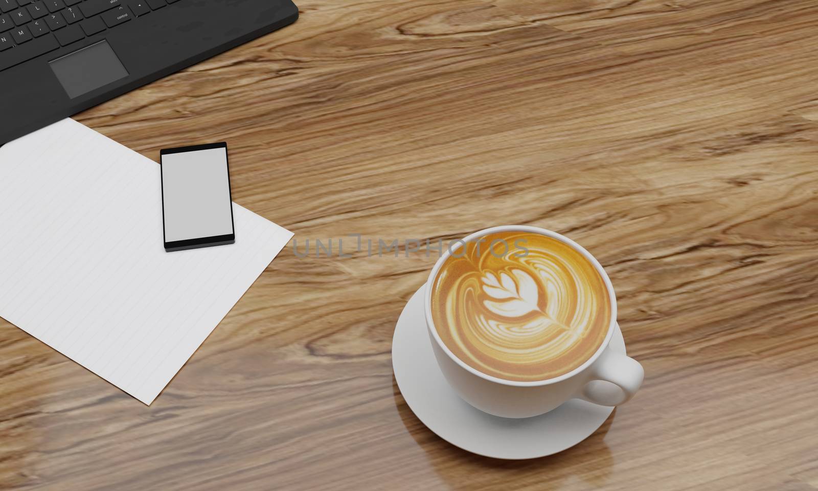 Latte Art coffee in white cup on wooden surface table. Black smartphone blank screen and white sheet on table. Copy space and work desk concept. 3D Rendering.