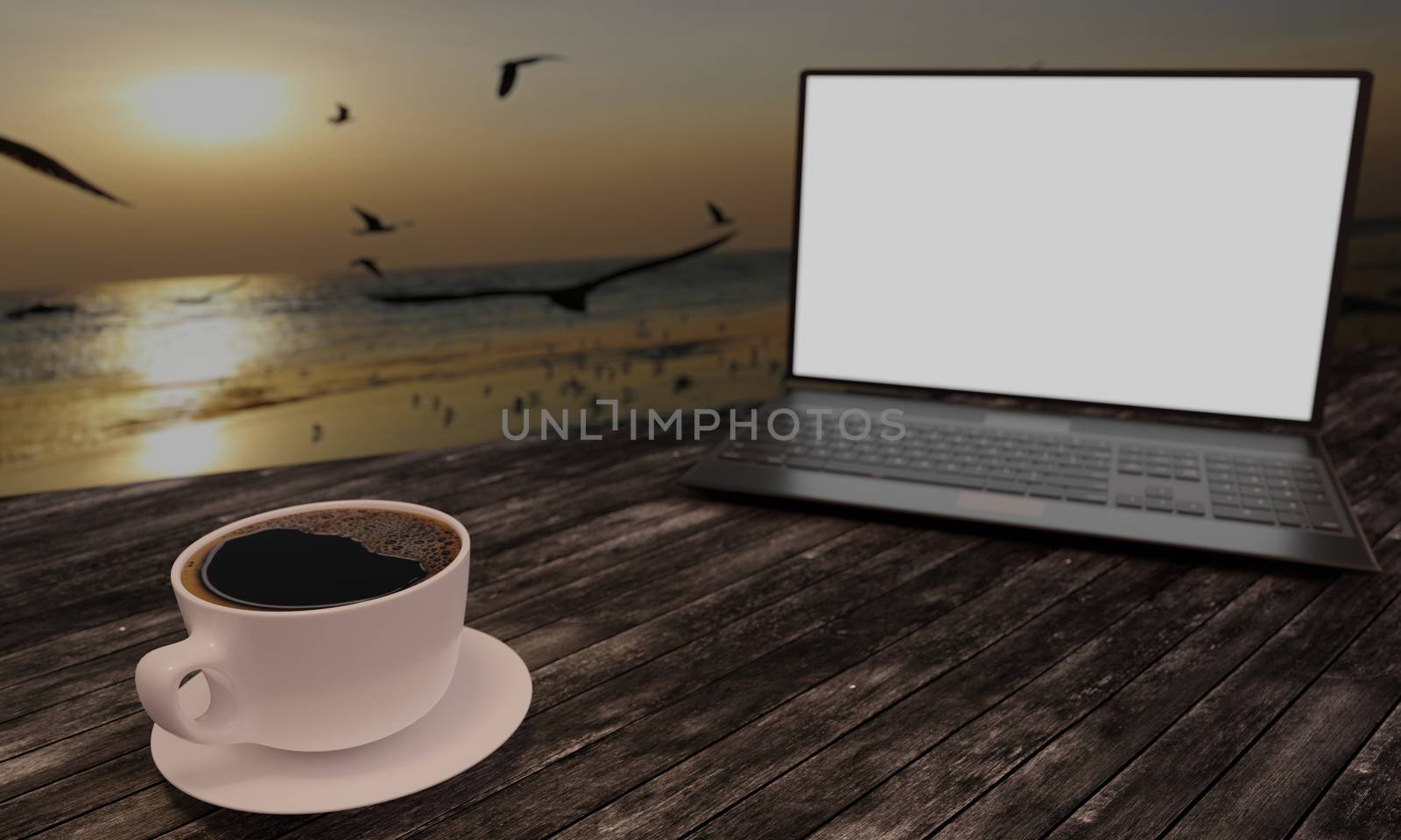 Black coffee in white cup on wooden surface table. Blur blank screen labtop , Black smartphone  white screen  on table. Copy space work desk and  travle concept. 3D Rendering.