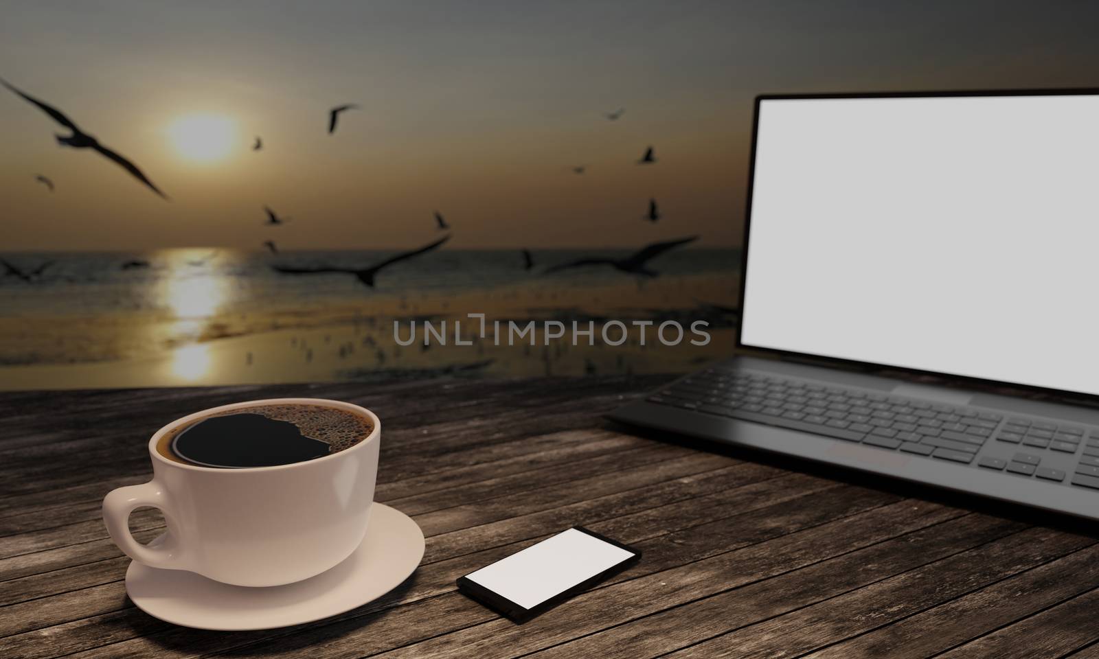 Black coffee in white cup on wooden surface table. Blur blank screen labtop , Black smartphone  white screen  on table. Copy space work desk and  travle concept. 3D Rendering.