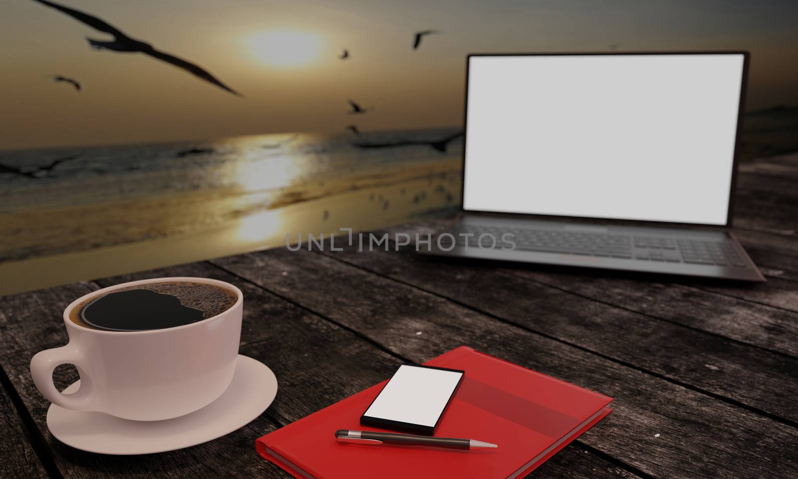 Black coffee in white cup on wooden surface table. Blur blank screen labtop , Black smartphone  white screen  on table. Copy space work desk and  travle concept. 3D Rendering.