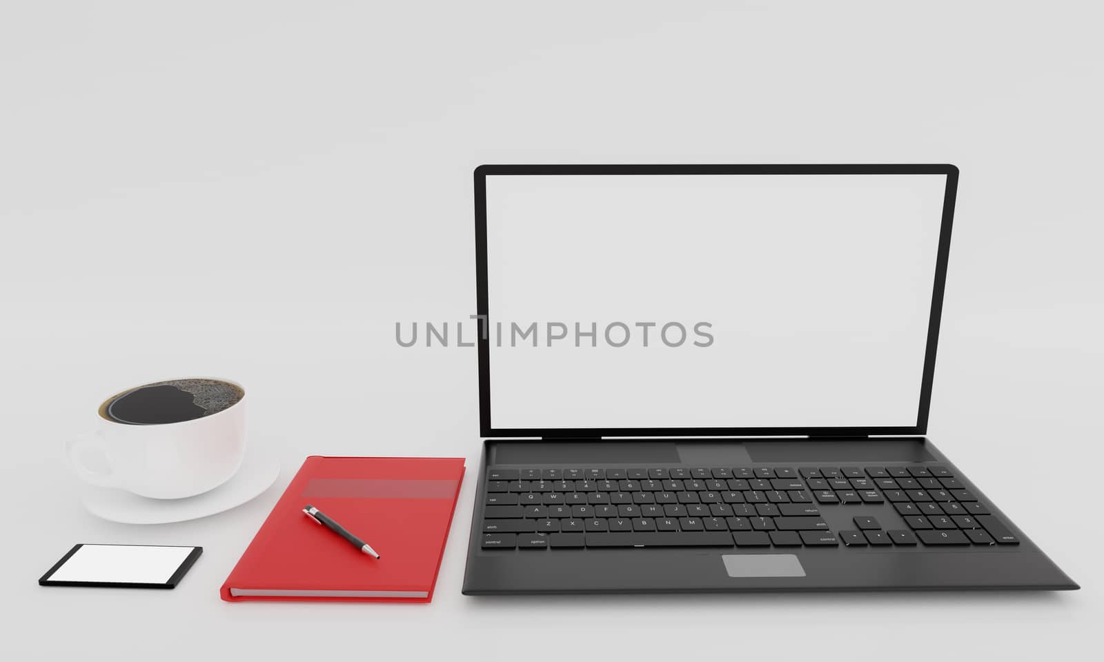 Black laptop computer, cup of black coffee , Red book and smartphone on white background and wallpaper. Top view with copy space, flat lay. 3D Rendering.