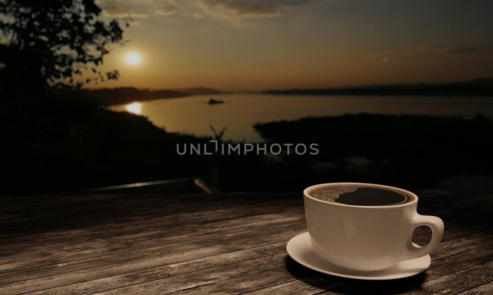 Black coffee in white cup on wooden surface table. Blur Mekhong river at Chaing Khan for background. Copy space work desk and  travle concept. 3D Rendering.