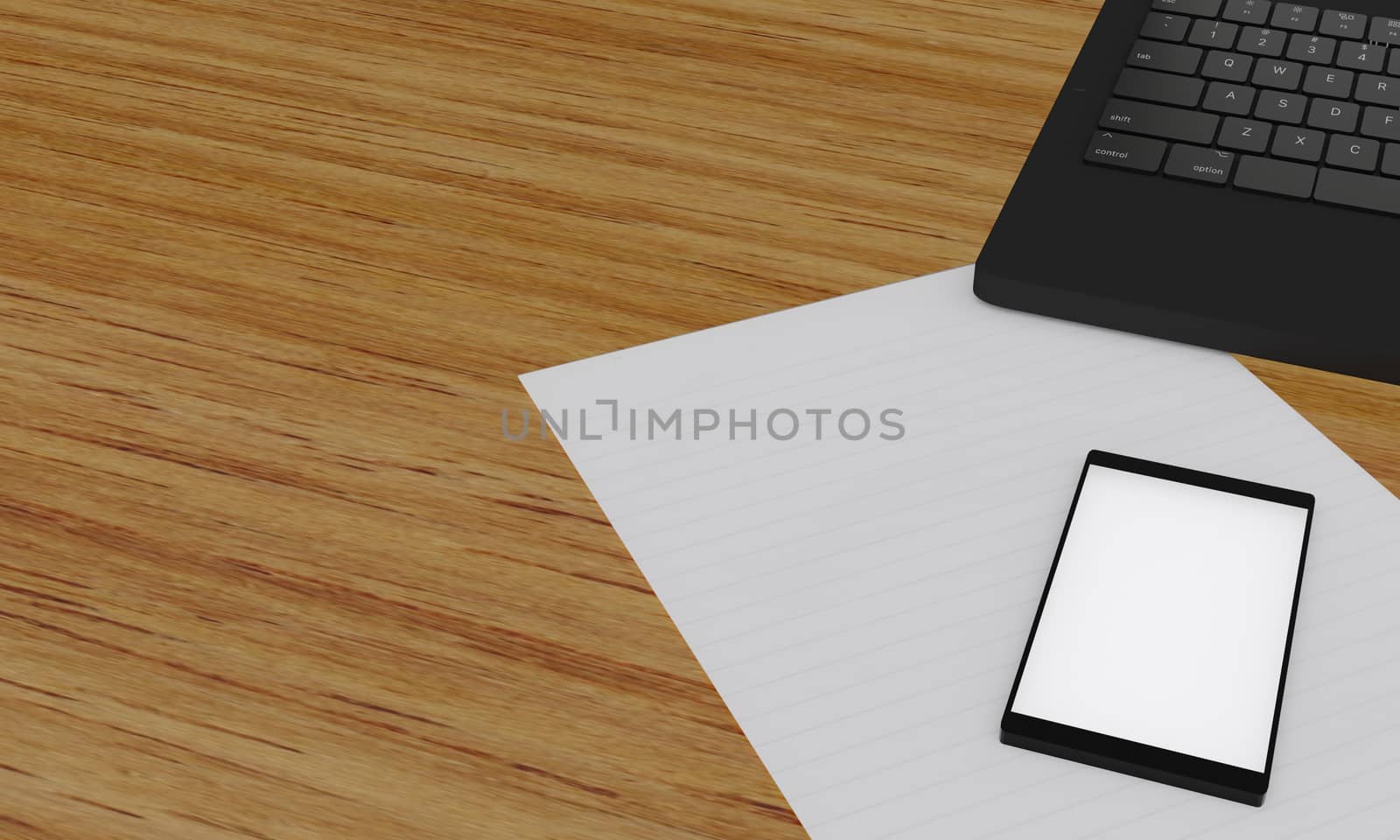 Smart Phone white screen on white paper  and  Computer Notebook or labtop  on wooden surface table. Copy space and Concept working desk or computer table.  3D Rendering. 