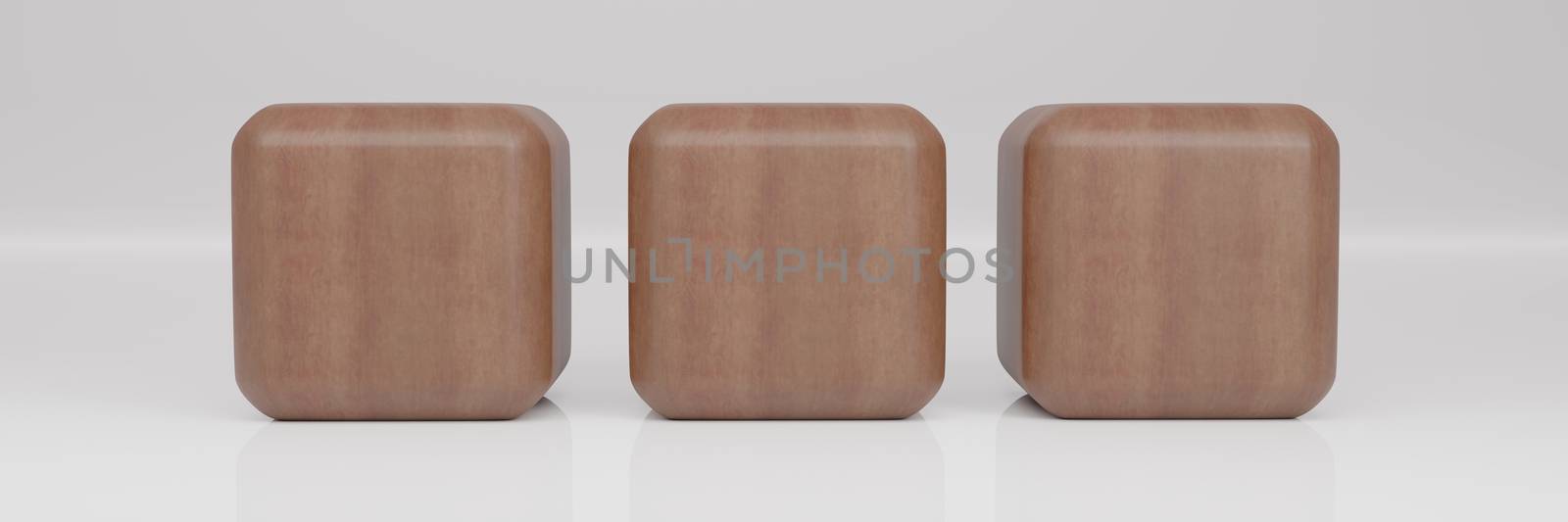 Wooden Rounded cube 3 Perspective on white background wiht Reflection. Geometric shape. 3D Rendering